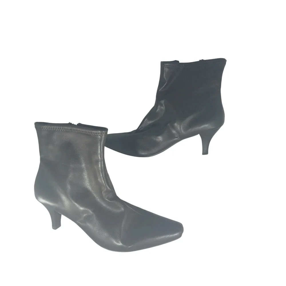 Impo Naja Ankle Boots 11M Brown Stretch Kitten Heel Square Toe Office Siren